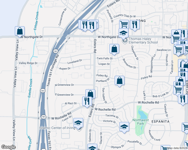 map of restaurants, bars, coffee shops, grocery stores, and more near 3347 Esters Road in Irving