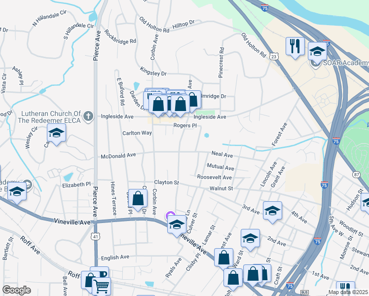 map of restaurants, bars, coffee shops, grocery stores, and more near 313 Rogers Avenue in Macon