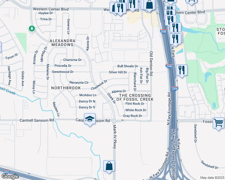 map of restaurants, bars, coffee shops, grocery stores, and more near 2613 Alpena Drive in Fort Worth