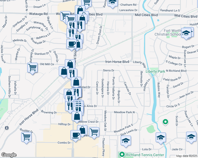 map of restaurants, bars, coffee shops, grocery stores, and more near 5718 Cancun Dr in North Richland Hills