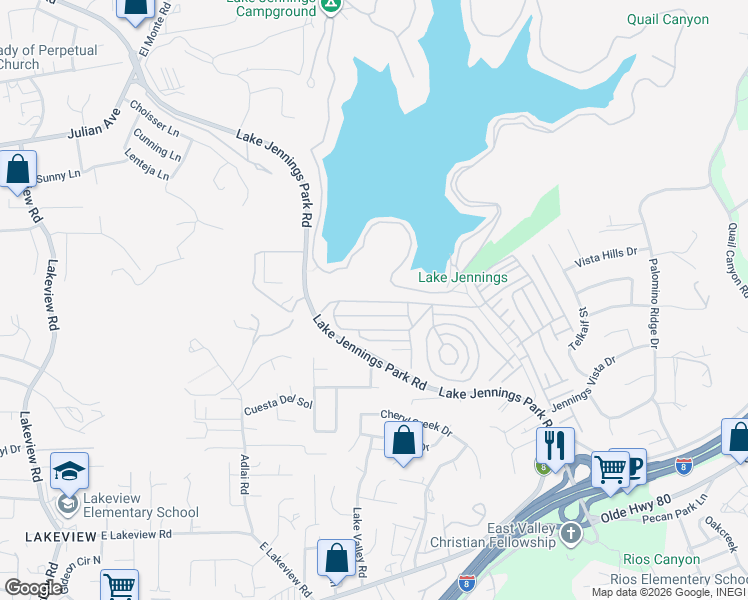 map of restaurants, bars, coffee shops, grocery stores, and more near American Way in Lakeside