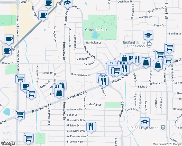 map of restaurants, bars, coffee shops, grocery stores, and more near 328 Mountainview Drive in Hurst
