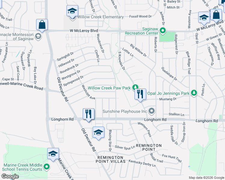 map of restaurants, bars, coffee shops, grocery stores, and more near 1004 Green Ridge Terrace in Saginaw