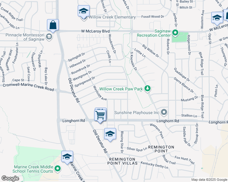 map of restaurants, bars, coffee shops, grocery stores, and more near 1036 Green Ridge Terrace in Saginaw