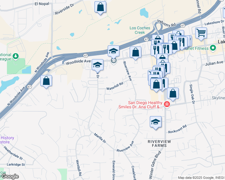 map of restaurants, bars, coffee shops, grocery stores, and more near 11769 Waterhill Road in Lakeside