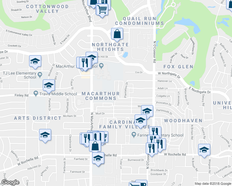 map of restaurants, bars, coffee shops, grocery stores, and more near 3413 Bellah Court in Irving
