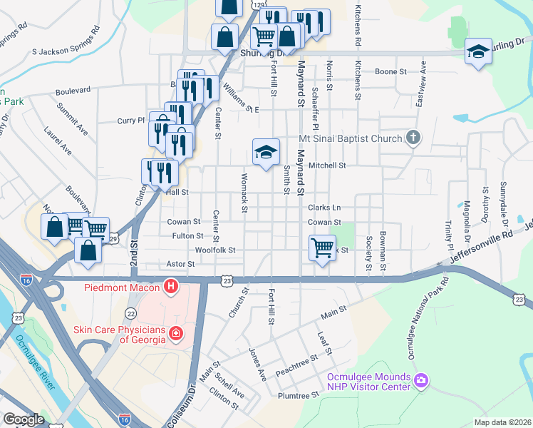 map of restaurants, bars, coffee shops, grocery stores, and more near 826 Fort Hill Street in Macon