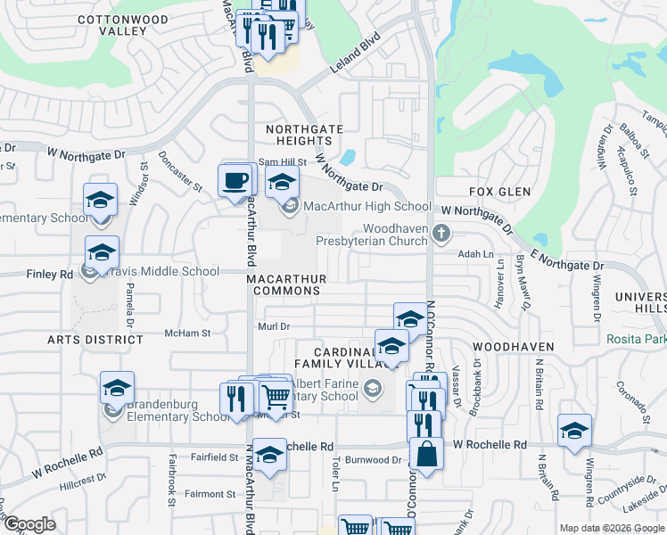 map of restaurants, bars, coffee shops, grocery stores, and more near 3413 Bellah Court in Irving