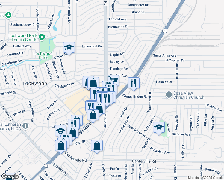 map of restaurants, bars, coffee shops, grocery stores, and more near 11445 Garland Road in Dallas