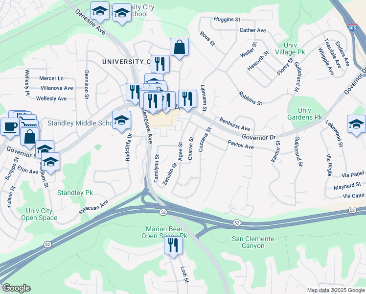 map of restaurants, bars, coffee shops, grocery stores, and more near 6095 Agee Street in San Diego