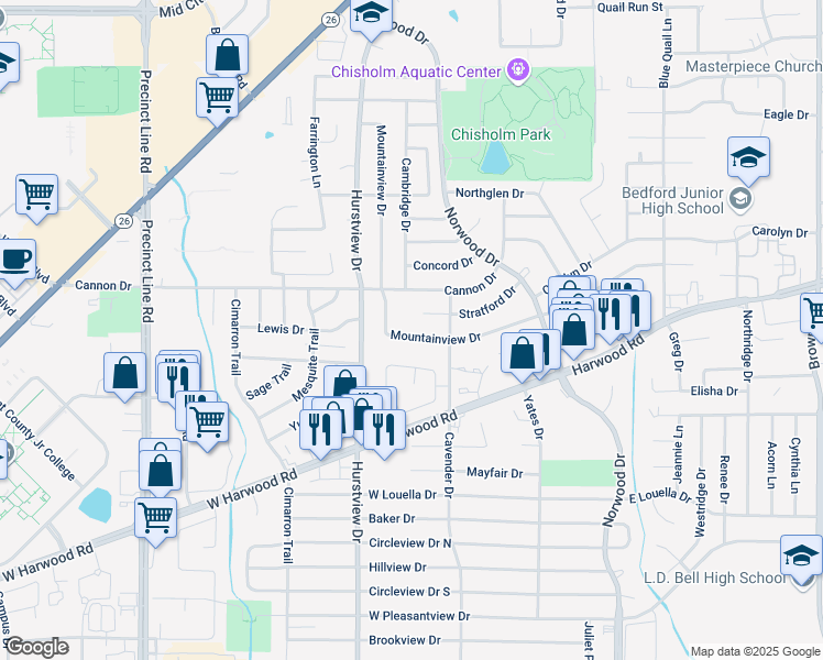 map of restaurants, bars, coffee shops, grocery stores, and more near 428 Mountainview Drive in Hurst