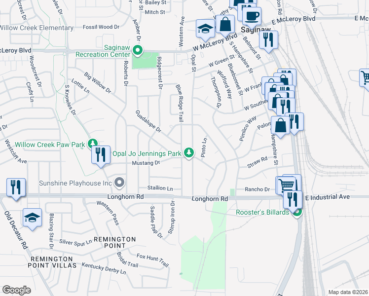 map of restaurants, bars, coffee shops, grocery stores, and more near 608 Opal Street in Saginaw