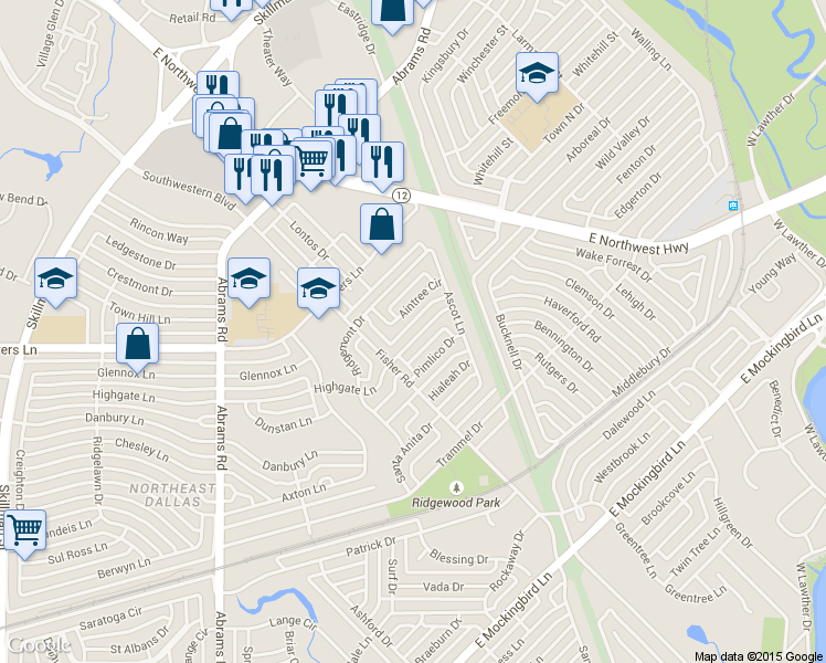 map of restaurants, bars, coffee shops, grocery stores, and more near 6635 Highgate Lane in Dallas