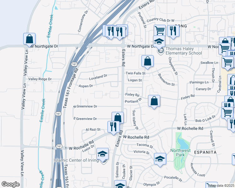 map of restaurants, bars, coffee shops, grocery stores, and more near 3347 Esters Road in Irving