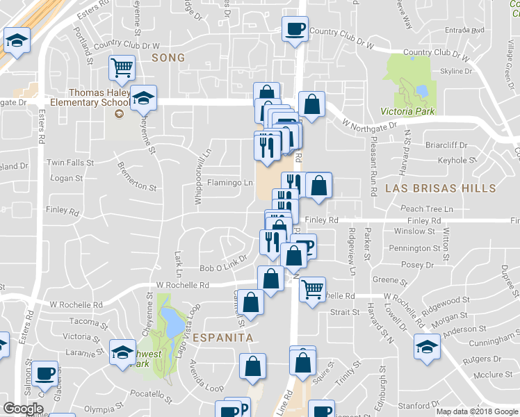 map of restaurants, bars, coffee shops, grocery stores, and more near 3513 Finley Road in Irving