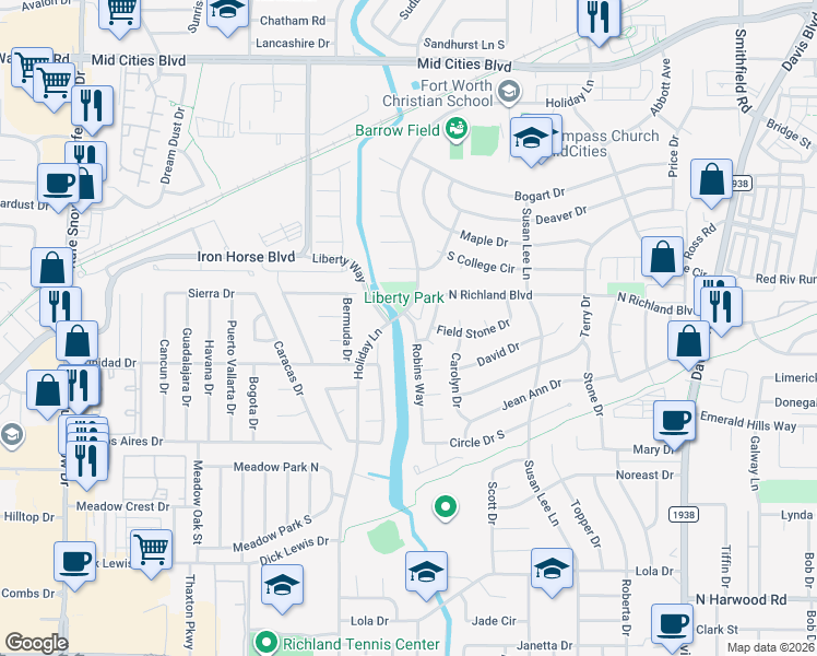 map of restaurants, bars, coffee shops, grocery stores, and more near 5825 Robins Way in North Richland Hills