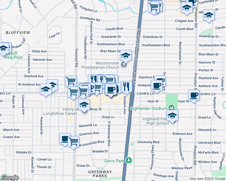 map of restaurants, bars, coffee shops, grocery stores, and more near 5639 W Lovers Ln in Dallas