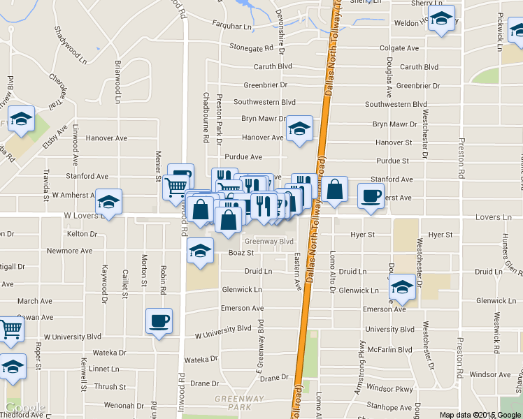 map of restaurants, bars, coffee shops, grocery stores, and more near 5627 West Lovers Lane in Dallas