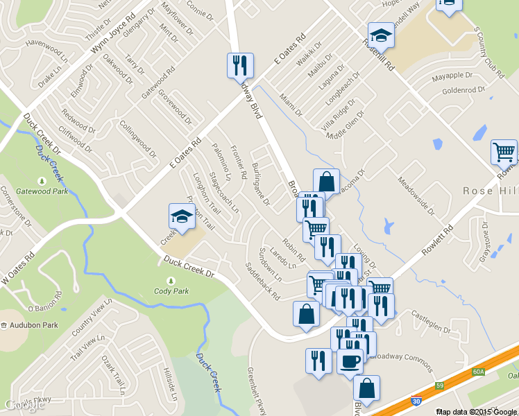 map of restaurants, bars, coffee shops, grocery stores, and more near 5226 Robin Road in Garland
