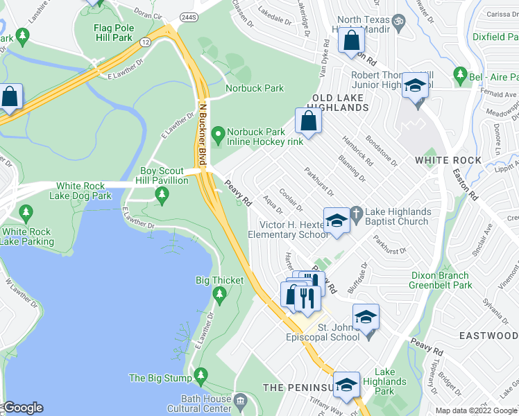 map of restaurants, bars, coffee shops, grocery stores, and more near 514 Peavy Road in Dallas