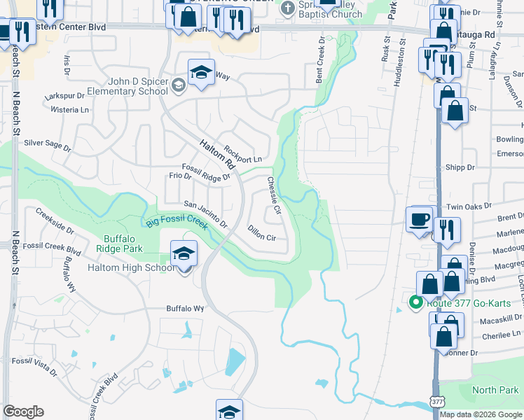map of restaurants, bars, coffee shops, grocery stores, and more near 5240 Blue Circle in Haltom City