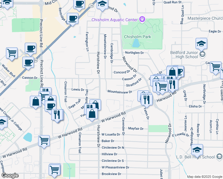 map of restaurants, bars, coffee shops, grocery stores, and more near 428 Mountainview Drive in Hurst