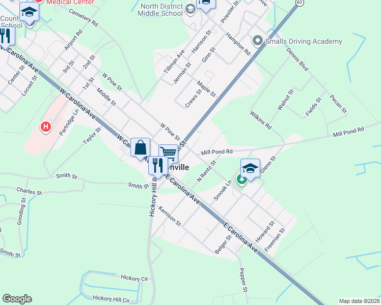 map of restaurants, bars, coffee shops, grocery stores, and more near 162 North Palm Street in Varnville