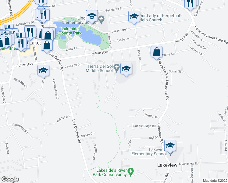 map of restaurants, bars, coffee shops, grocery stores, and more near 9505 Petite Lane in Lakeside
