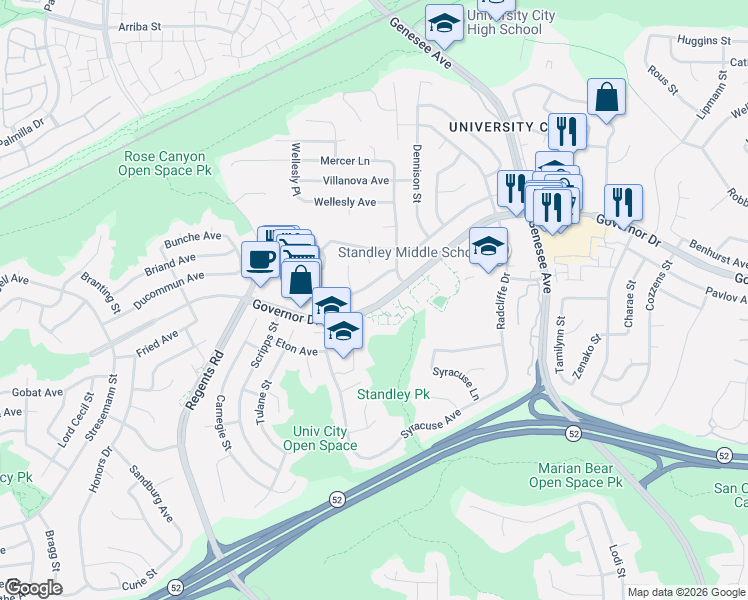 map of restaurants, bars, coffee shops, grocery stores, and more near 3512 Governor Drive in San Diego