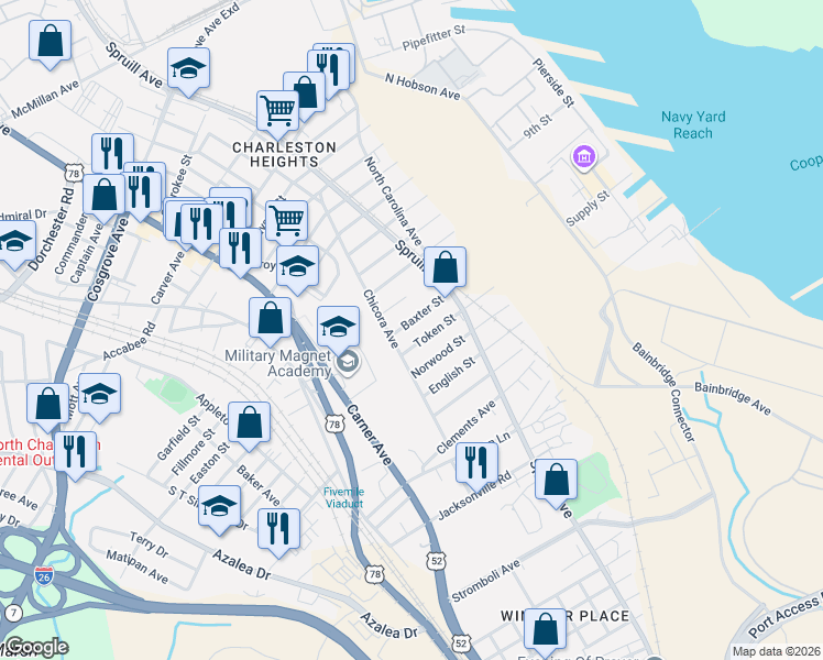 map of restaurants, bars, coffee shops, grocery stores, and more near 1938 Baxter Street in North Charleston