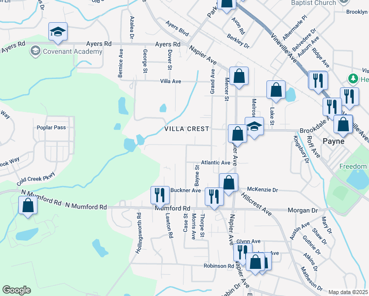 map of restaurants, bars, coffee shops, grocery stores, and more near 4110 Forest Avenue West in Macon