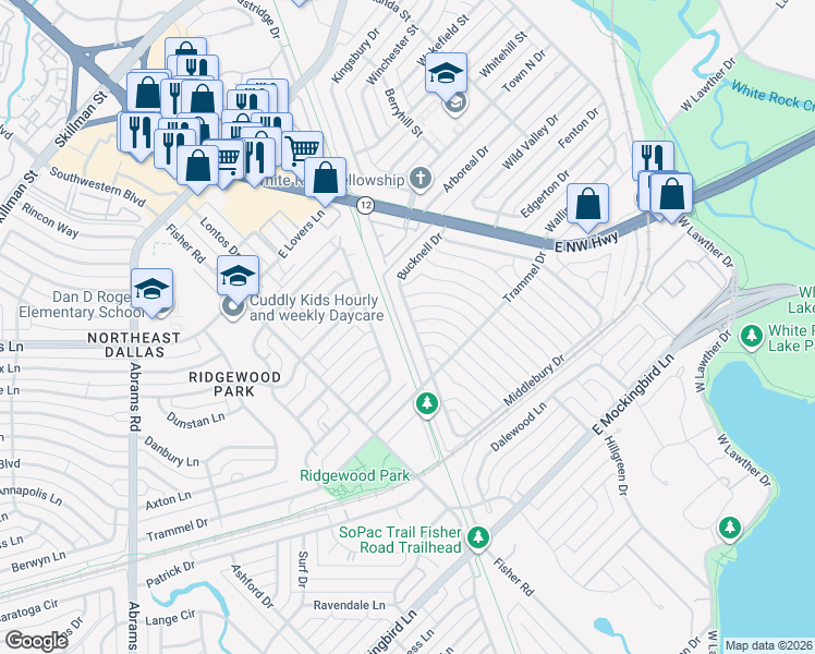 map of restaurants, bars, coffee shops, grocery stores, and more near 7059 Bucknell Drive in Dallas