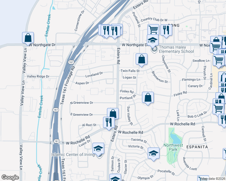 map of restaurants, bars, coffee shops, grocery stores, and more near 3347 Esters Road in Irving