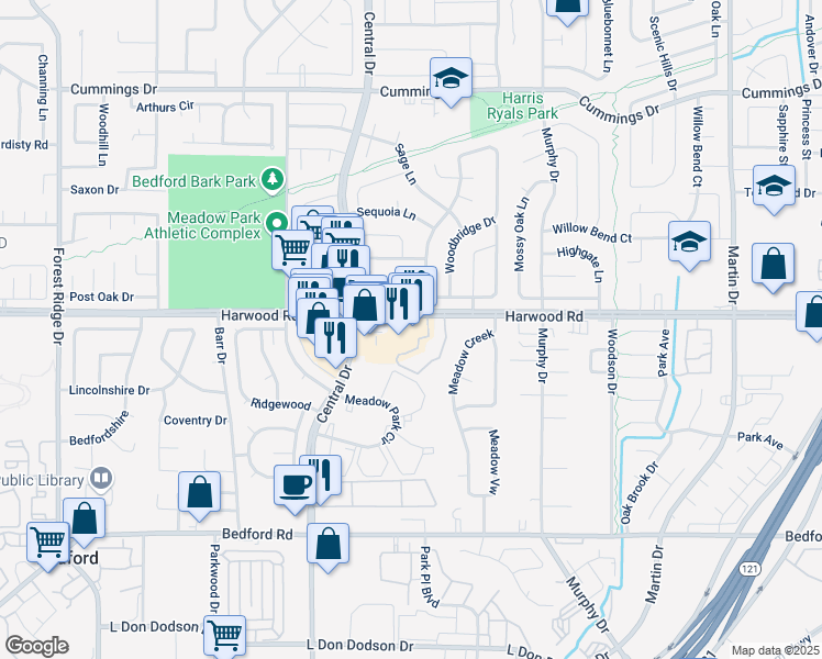 map of restaurants, bars, coffee shops, grocery stores, and more near 2816 Central Drive in Bedford