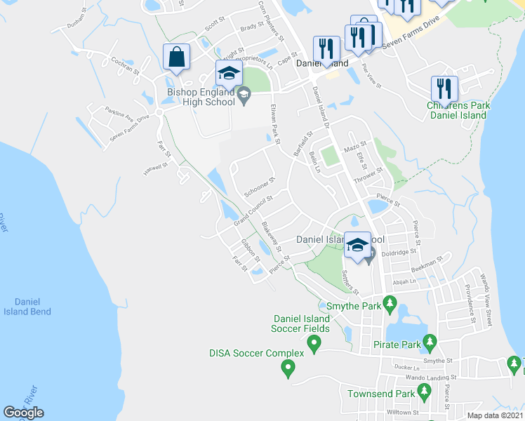 map of restaurants, bars, coffee shops, grocery stores, and more near 1119 Blakeway Street in Charleston