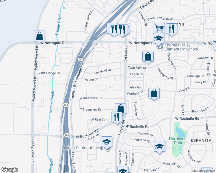 map of restaurants, bars, coffee shops, grocery stores, and more near 3339 Esters Road in Irving