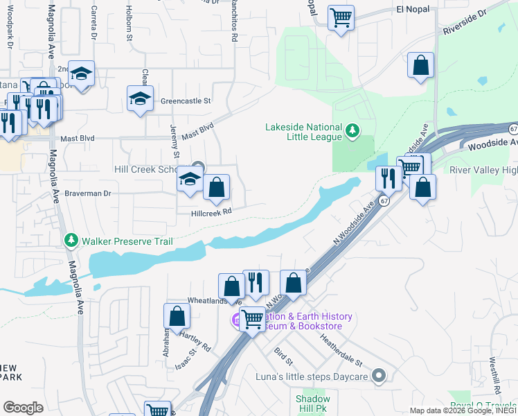 map of restaurants, bars, coffee shops, grocery stores, and more near 11045 Hillcreek Road in Santee