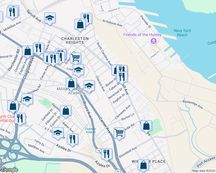 map of restaurants, bars, coffee shops, grocery stores, and more near 1938 Baxter Street in North Charleston