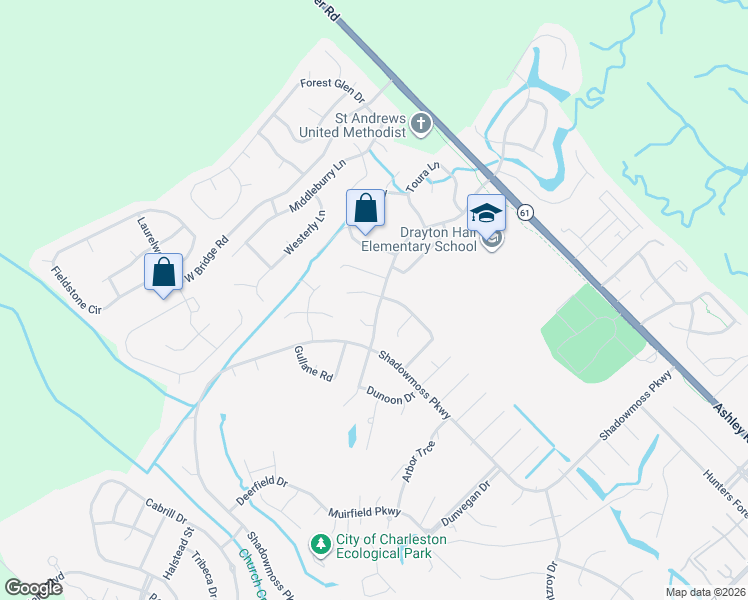 map of restaurants, bars, coffee shops, grocery stores, and more near 341 Muirfield Parkway in Charleston
