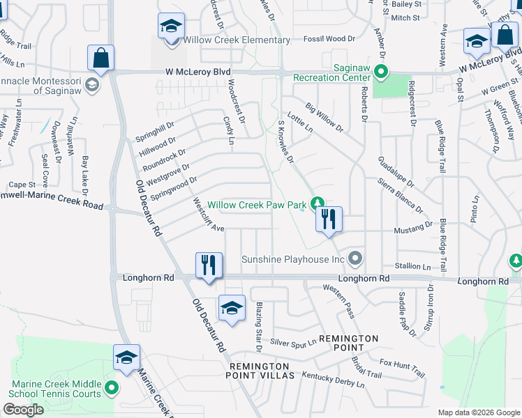 map of restaurants, bars, coffee shops, grocery stores, and more near 1008 Green Ridge Terrace in Saginaw