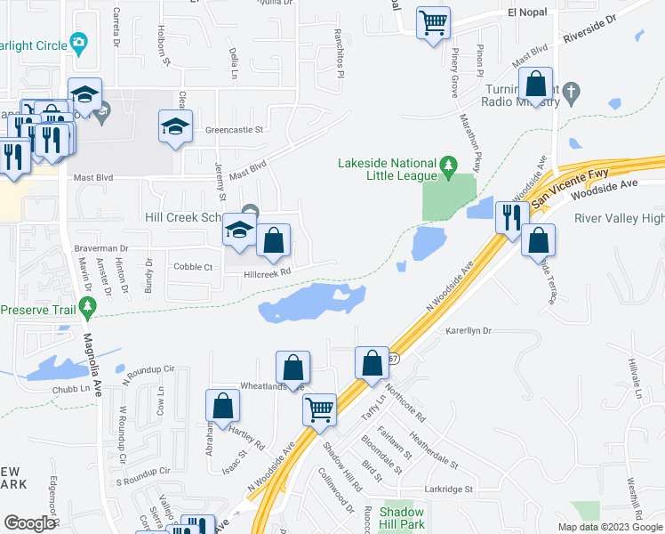 map of restaurants, bars, coffee shops, grocery stores, and more near 11045 Hillcreek Road in Santee
