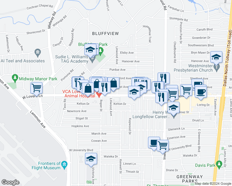 map of restaurants, bars, coffee shops, grocery stores, and more near 4719 West Lovers Lane in Dallas