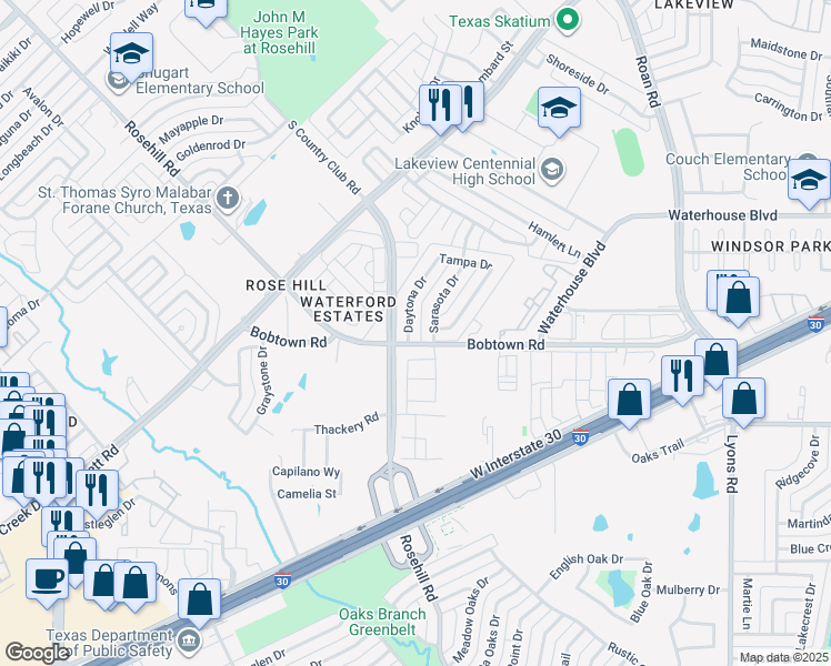 map of restaurants, bars, coffee shops, grocery stores, and more near 5326 Daytona Drive in Garland