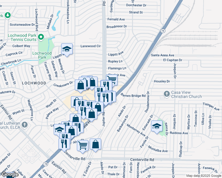map of restaurants, bars, coffee shops, grocery stores, and more near 11445 Garland Road in Dallas