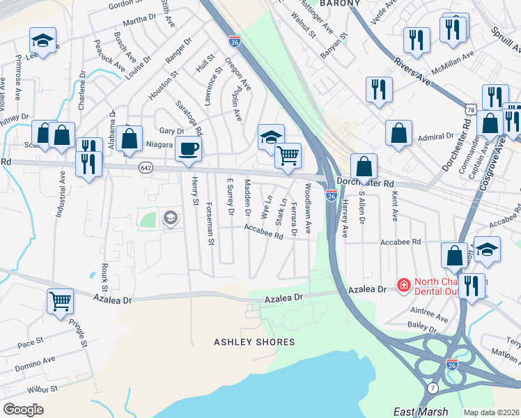 map of restaurants, bars, coffee shops, grocery stores, and more near 2616 Wye Lane in North Charleston