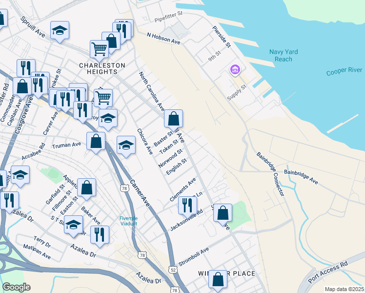 map of restaurants, bars, coffee shops, grocery stores, and more near 2931 Spruill Avenue in North Charleston