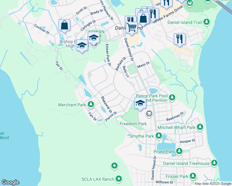map of restaurants, bars, coffee shops, grocery stores, and more near 1023 Barfield Street in Charleston