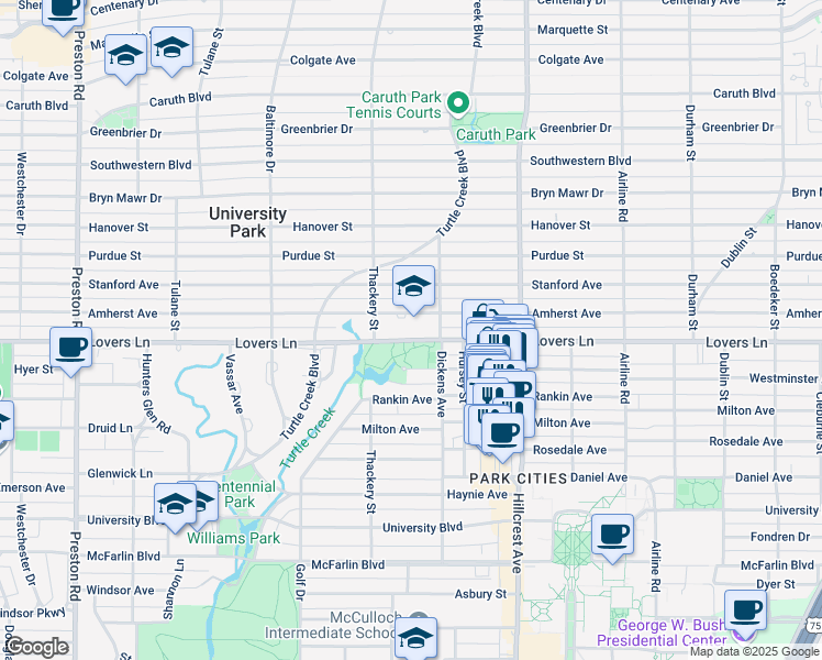 map of restaurants, bars, coffee shops, grocery stores, and more near 3500 Lovers Lane in Dallas