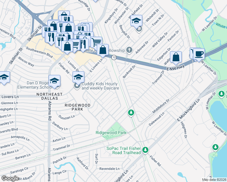 map of restaurants, bars, coffee shops, grocery stores, and more near 6642 Ascot Lane in Dallas