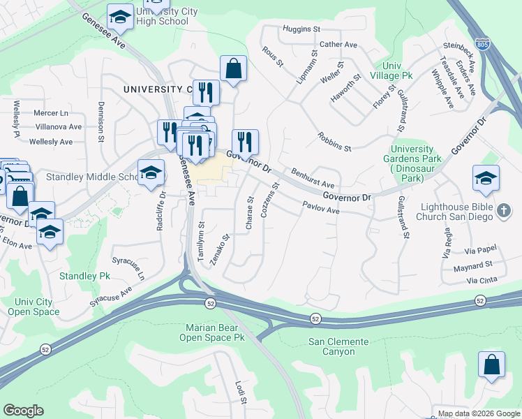 map of restaurants, bars, coffee shops, grocery stores, and more near 6076 Cozzens Street in San Diego